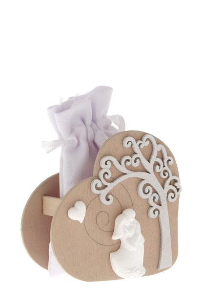 Sacchetto per confetti su Cuore in legno e sposi in porcellana. Altezza 7,5 cm