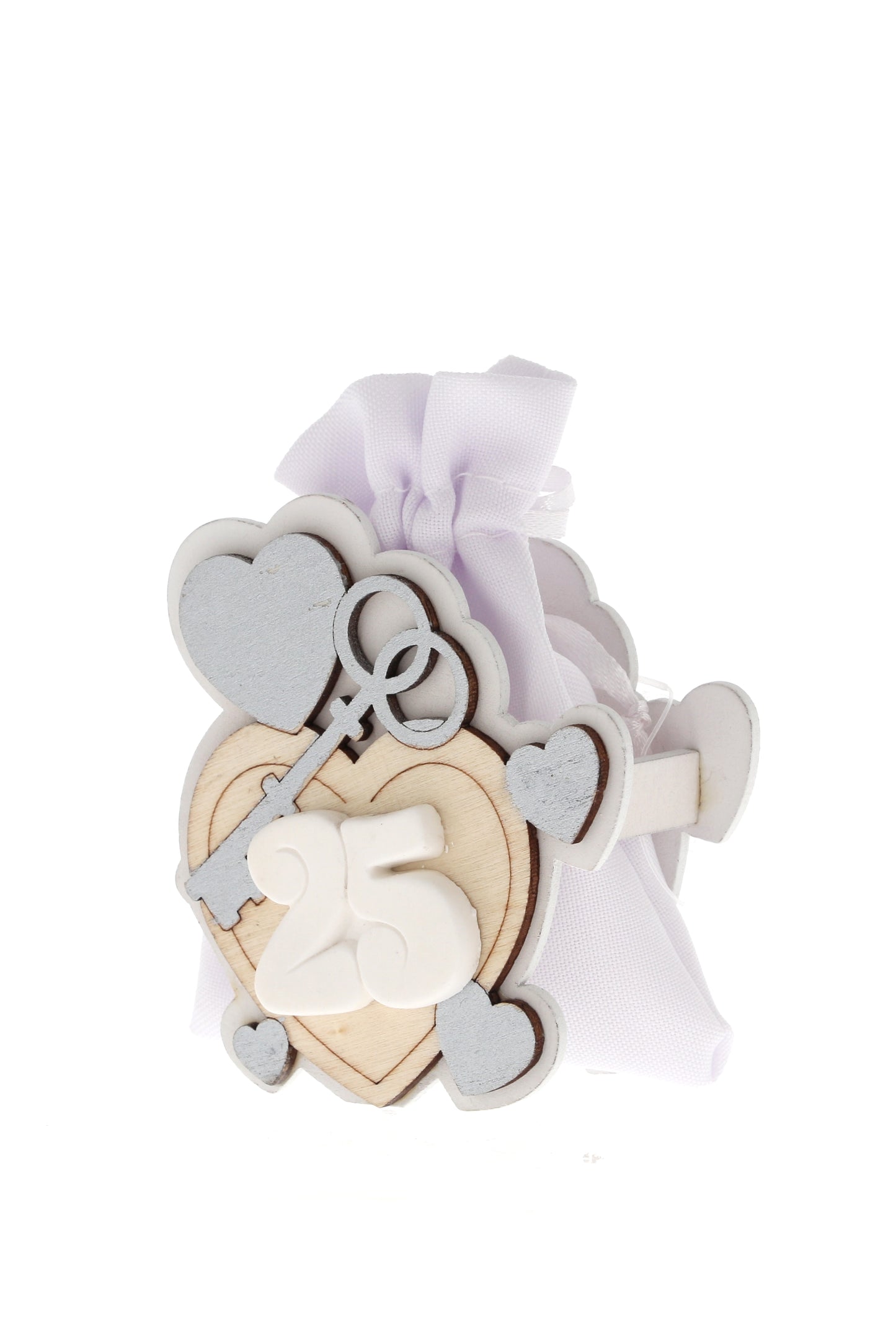Sacchetto per confetti su Cuori in legno e numero 25 in porcellana. Altezza 8 cm
