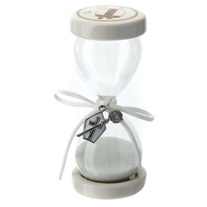 Ricordino Comunione/Cresima - clessidra bianca con ciondolo in metallo argentato. Altezza 11 cm