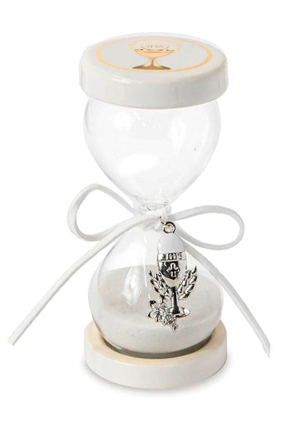 Ricordino Comunione/Cresima - clessidra bianca con ciondolo in metallo argentato. Altezza 11 cm