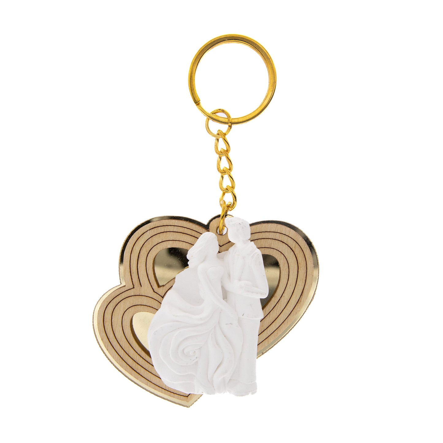 Ricordino Matrimonio - portachiavi cuore in plexiglass oro sposi. Lunghezza 6 cm