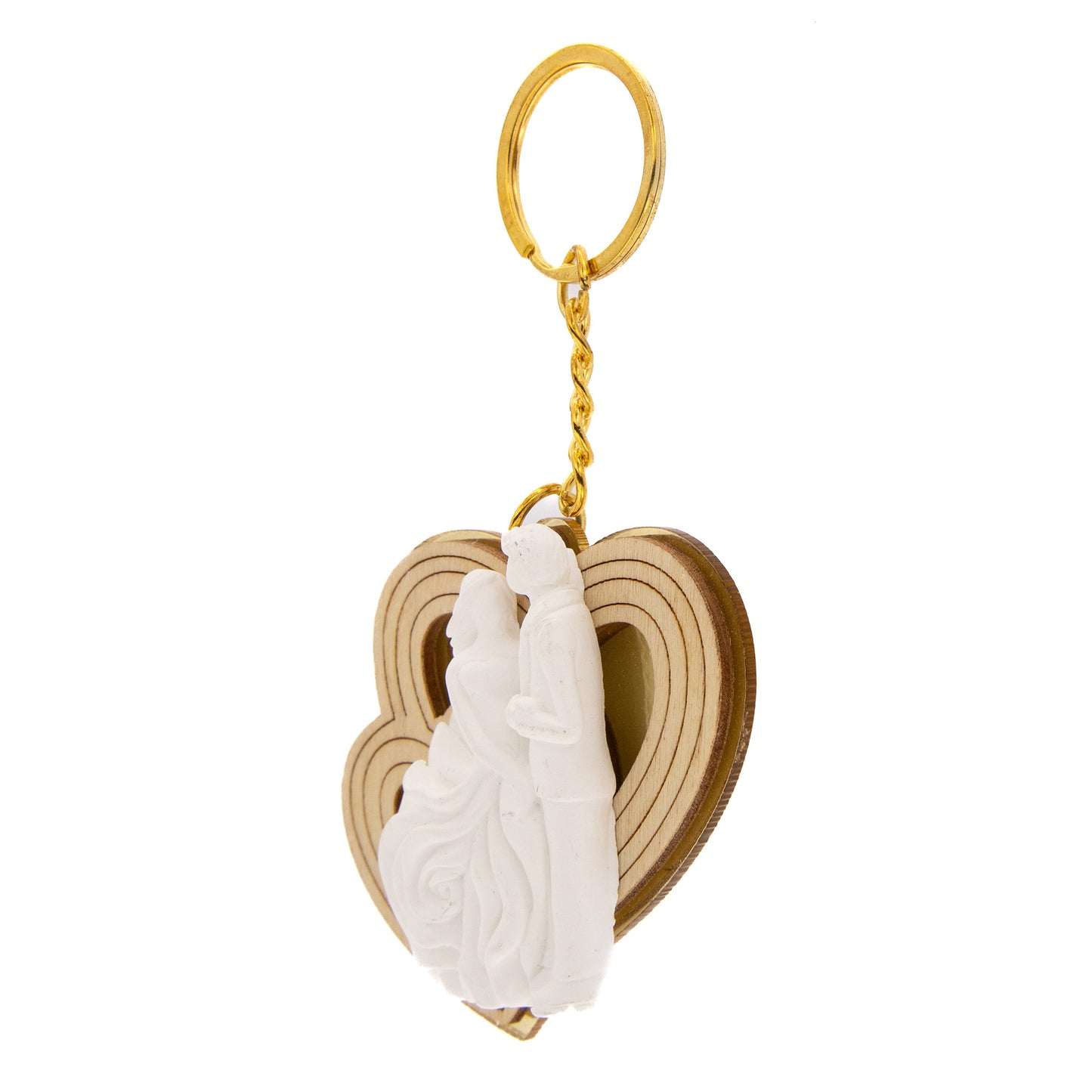 Ricordino Matrimonio - portachiavi cuore in plexiglass oro sposi. Lunghezza 6 cm