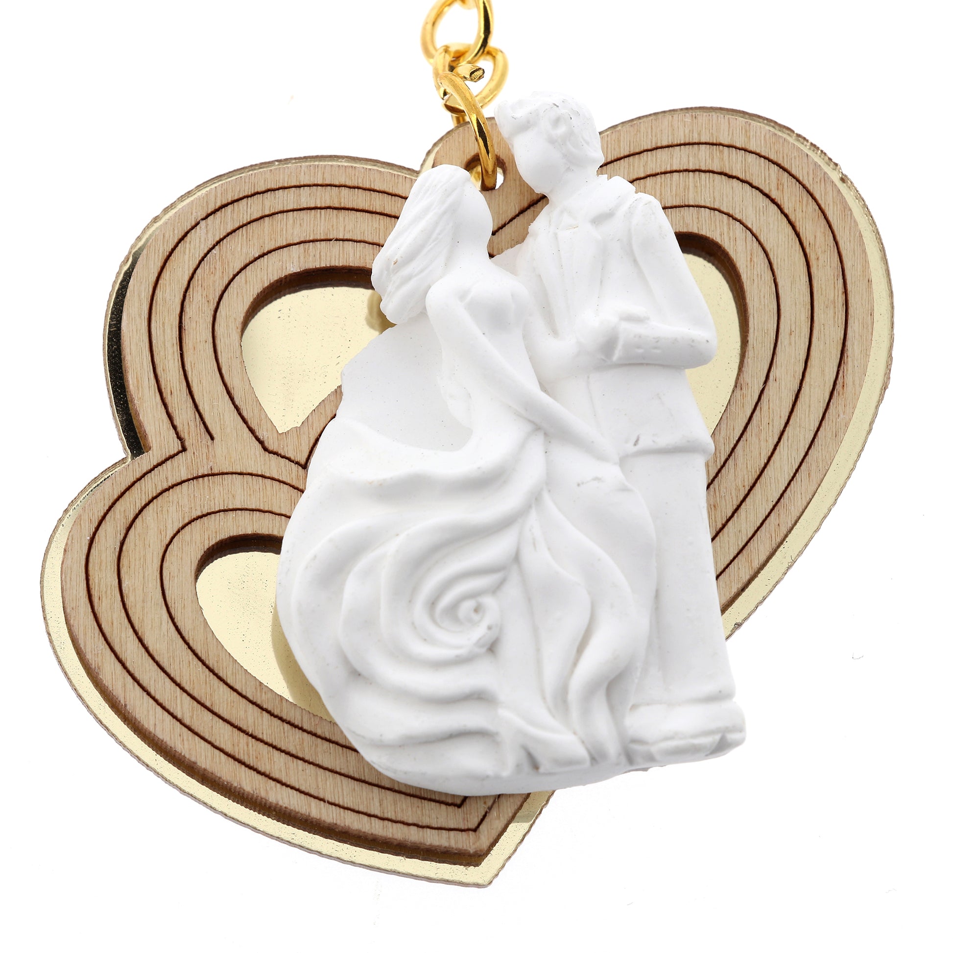 Ricordino Matrimonio - portachiavi cuore in plexiglass oro sposi. Lunghezza 6 cm