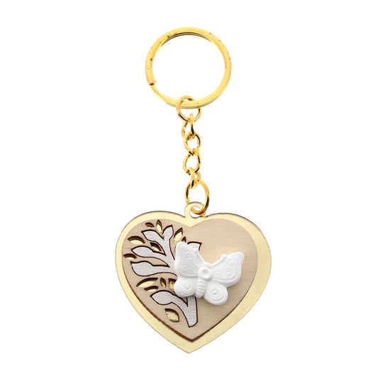 Ricordino Matrimonio - portachiavi cuore in plexiglass color oro farfalla. Altezza 4 cm