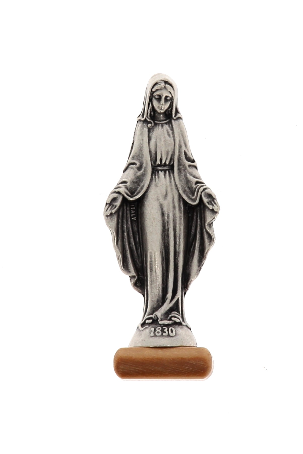 Cofanetto in legno ulivo con incisa medaglia Miracolosa, completo di corona, portachiavi e statuina abbinata. Dimensioni 8x12 h. 3 cm