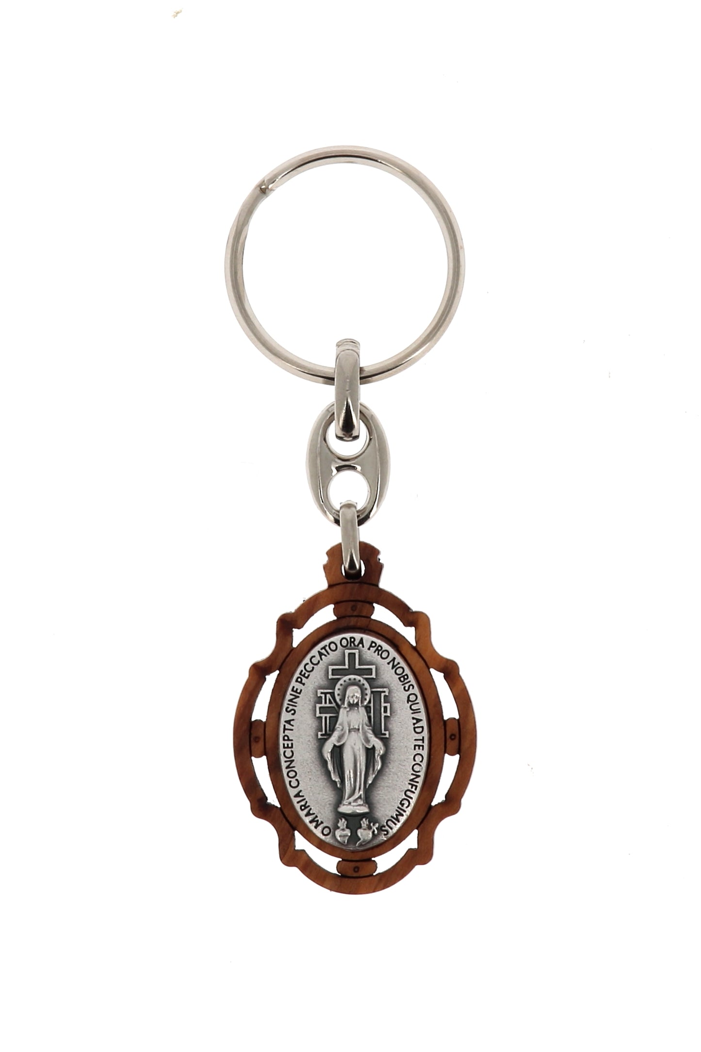 Cofanetto in legno ulivo con incisa medaglia Miracolosa, completo di corona, portachiavi e statuina abbinata. Dimensioni 8x12 h. 3 cm