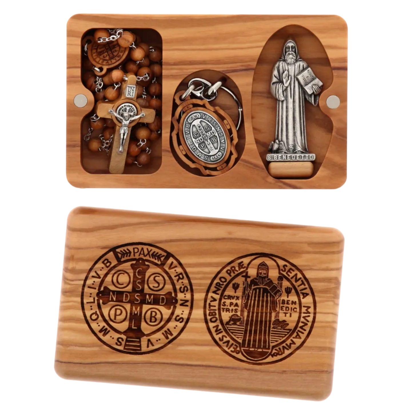 Cofanetto in legno ulivo con incisa medaglia san Benedetto, completo di corona, portachiavi e statuina abbinata. Dimensioni 8x12 h. 3 cm