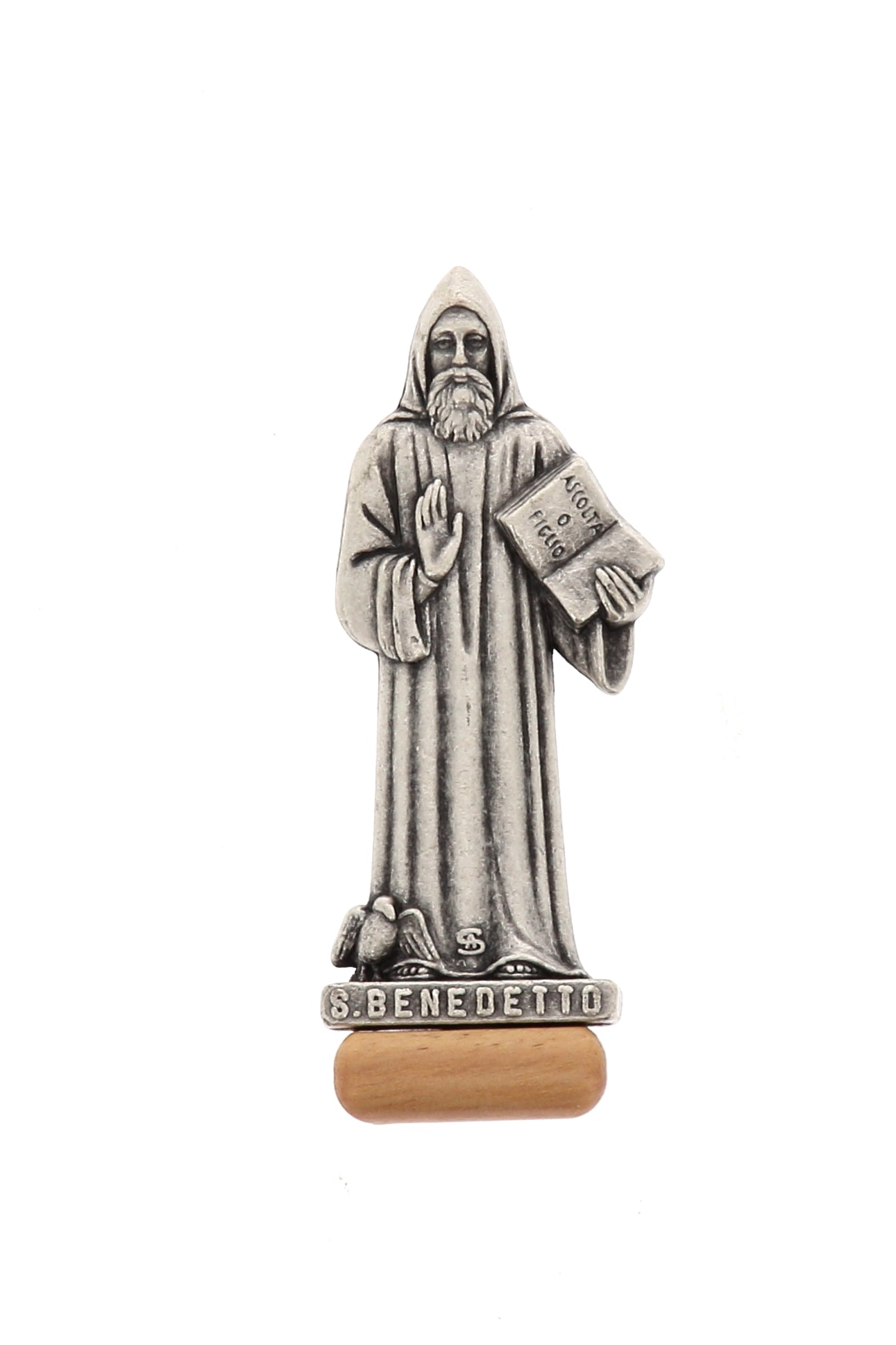 Cofanetto in legno ulivo con incisa medaglia san Benedetto, completo di corona, portachiavi e statuina abbinata. Dimensioni 8x12 h. 3 cm