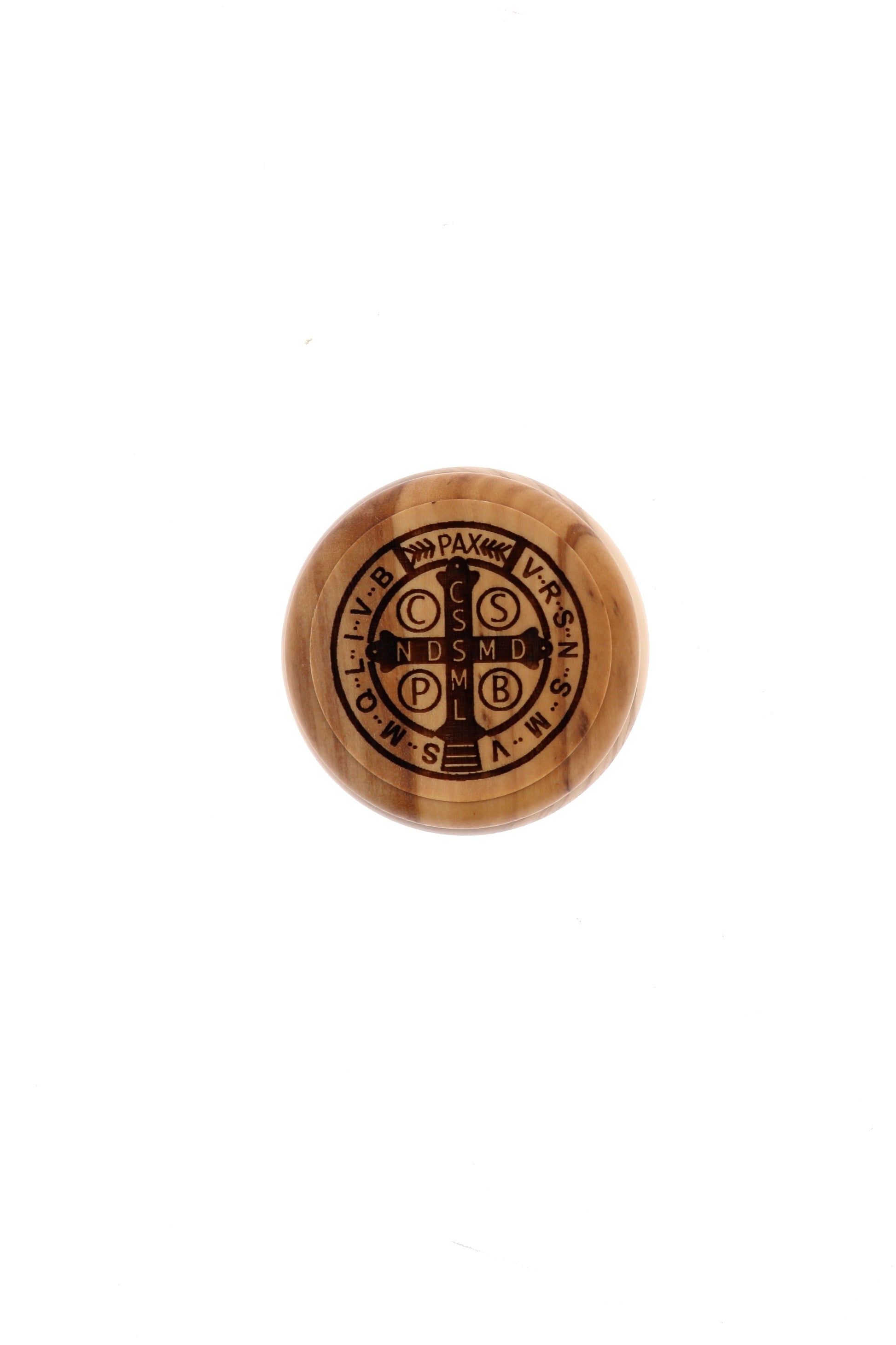 Cofanetto in legno d'ulivo San Bendetto con corona abbinata. Diametro 5 cm e altezza 3 cm