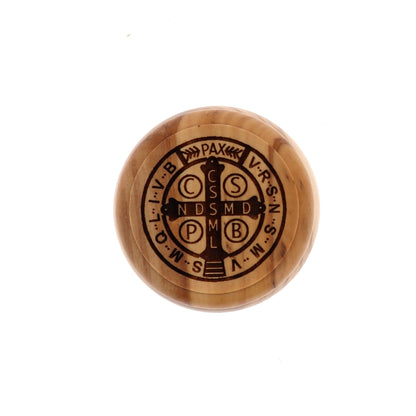 Cofanetto in legno d'ulivo San Benedetto con corona abbinata. Diametro 5 cm e altezza 3 cm