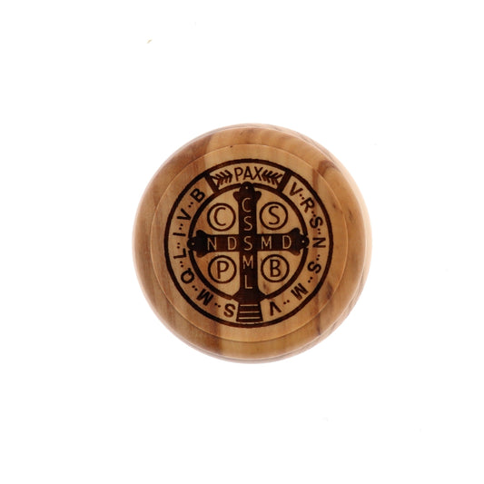 Cofanetto in legno d'ulivo San Benedetto con corona abbinata. Diametro 5 cm e altezza 3 cm