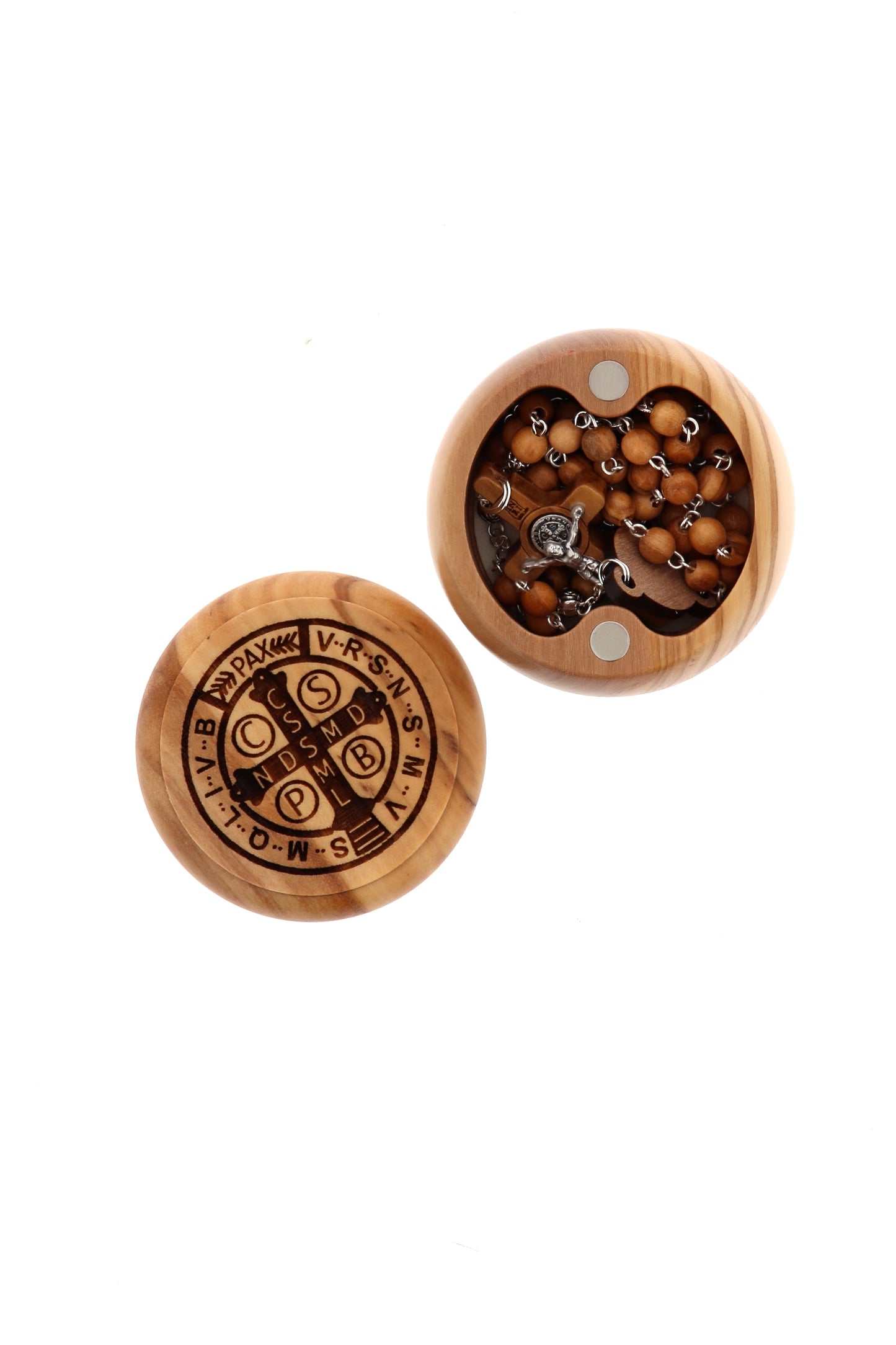 Cofanetto in legno d'ulivo San Bendetto con corona abbinata. Diametro 5 cm e altezza 3 cm