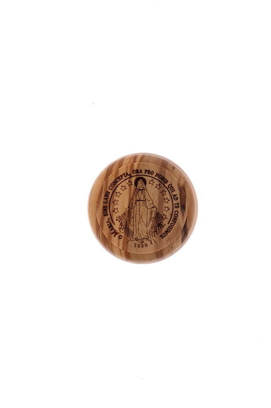 Cofanetto in legno d'ulivo medaglia Miracolosa con corona abbinata. Diametro 5 e altezza 3 cm