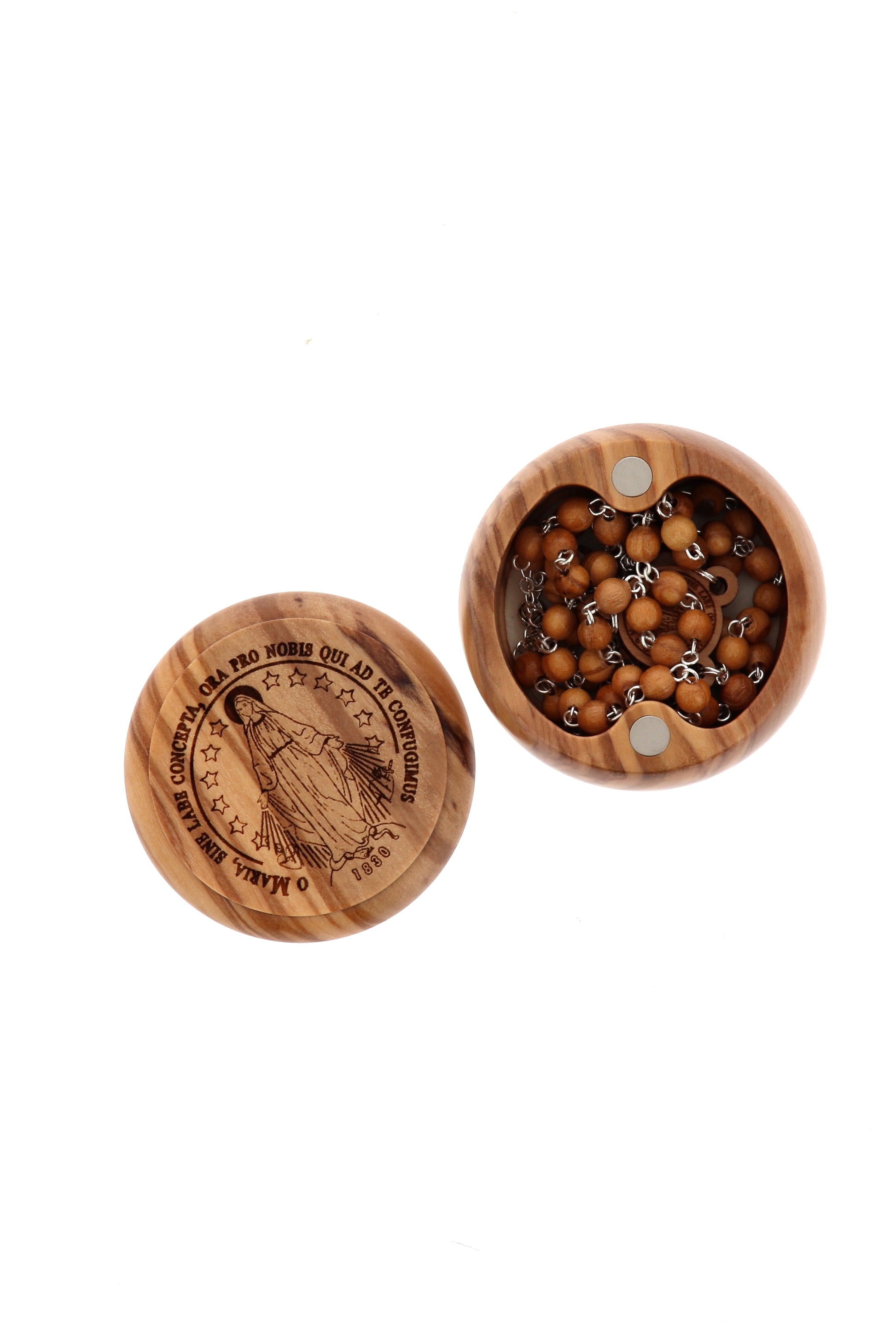 Cofanetto in legno d'ulivo medaglia Miracolosa con corona abbinata. Diametro 5 e altezza 3 cm