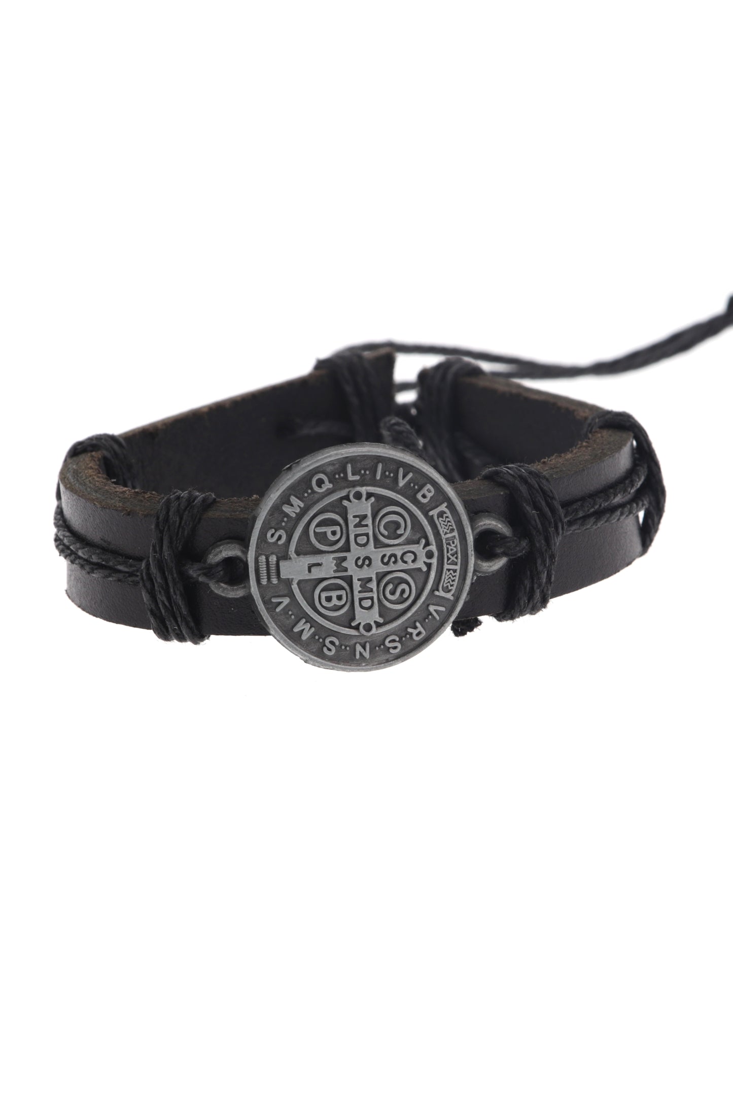 Bracciale san Benedetto in cuoio nero regolabile