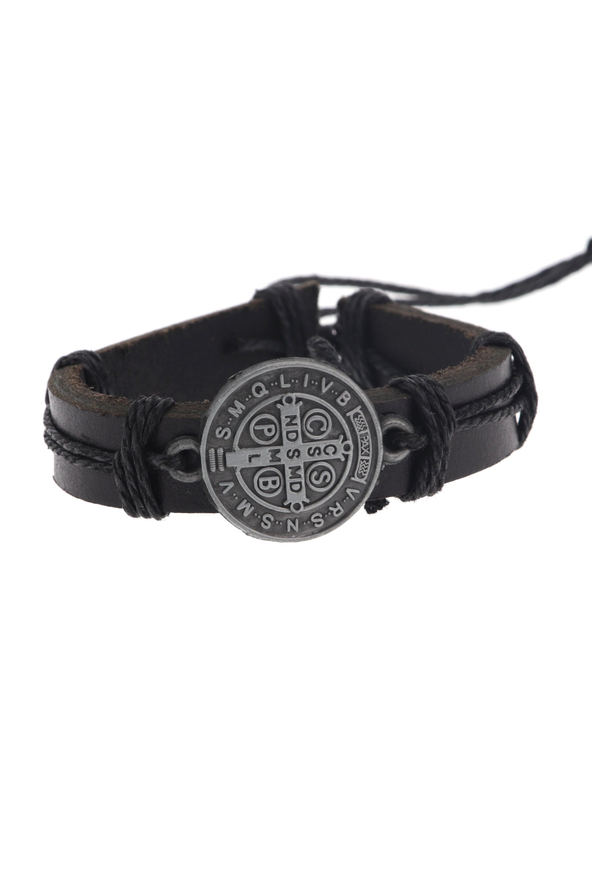 Bracciale san Benedetto in cuoio nero regolabile