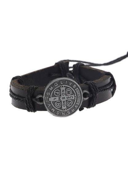 Bracciale san Benedetto in cuoio nero regolabile