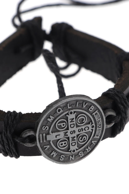Bracciale san Benedetto in cuoio nero regolabile