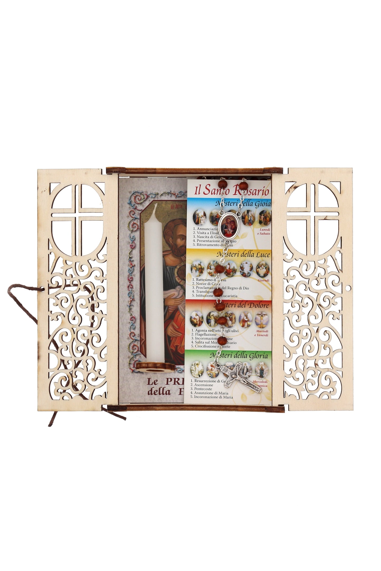 Altarino devozionale comprensivo di candela, corona e libretto abbinato Sacra Famiglia 11x15x4 cm
