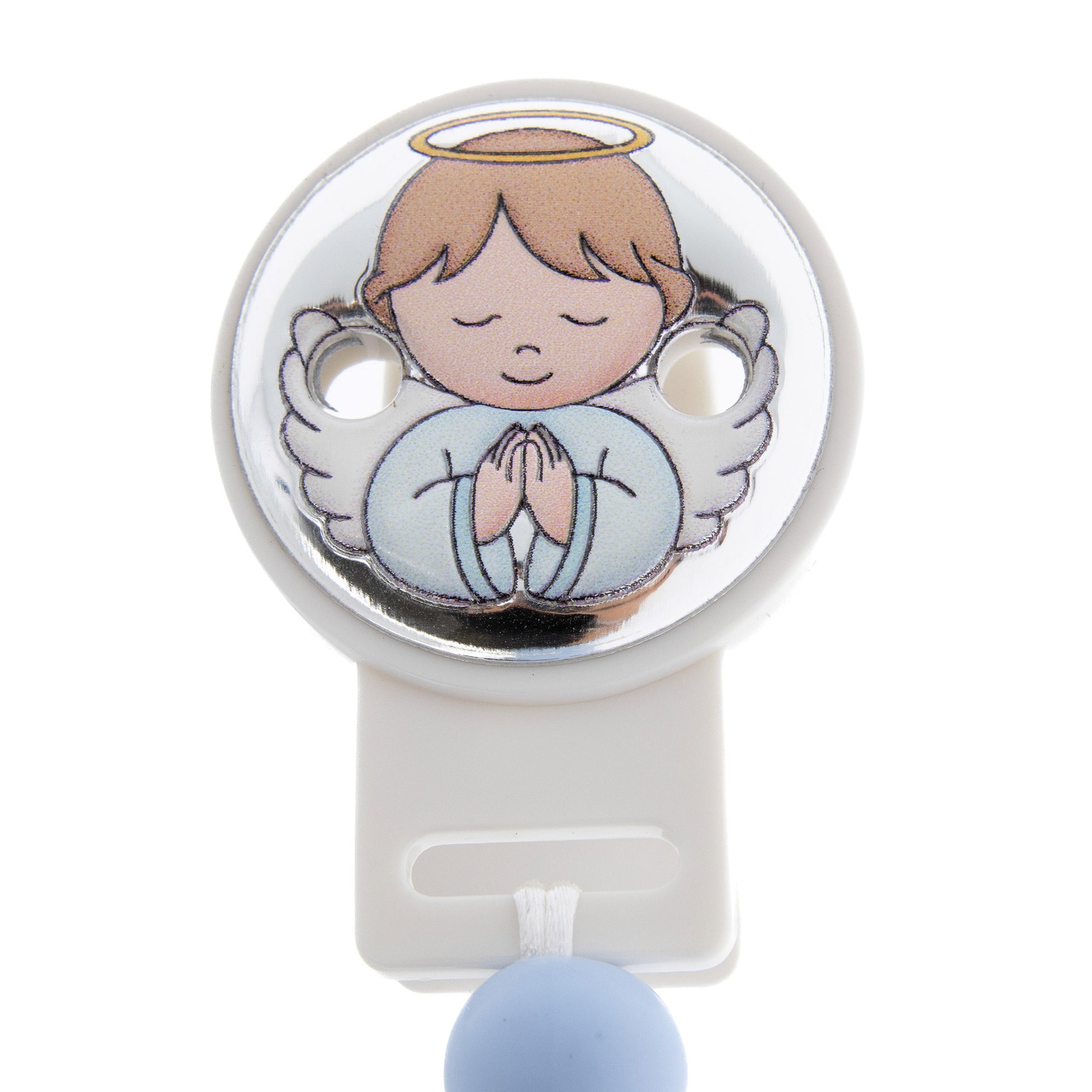 Catenella portaciuccio in silicone alimentare con clip Angelo in argento