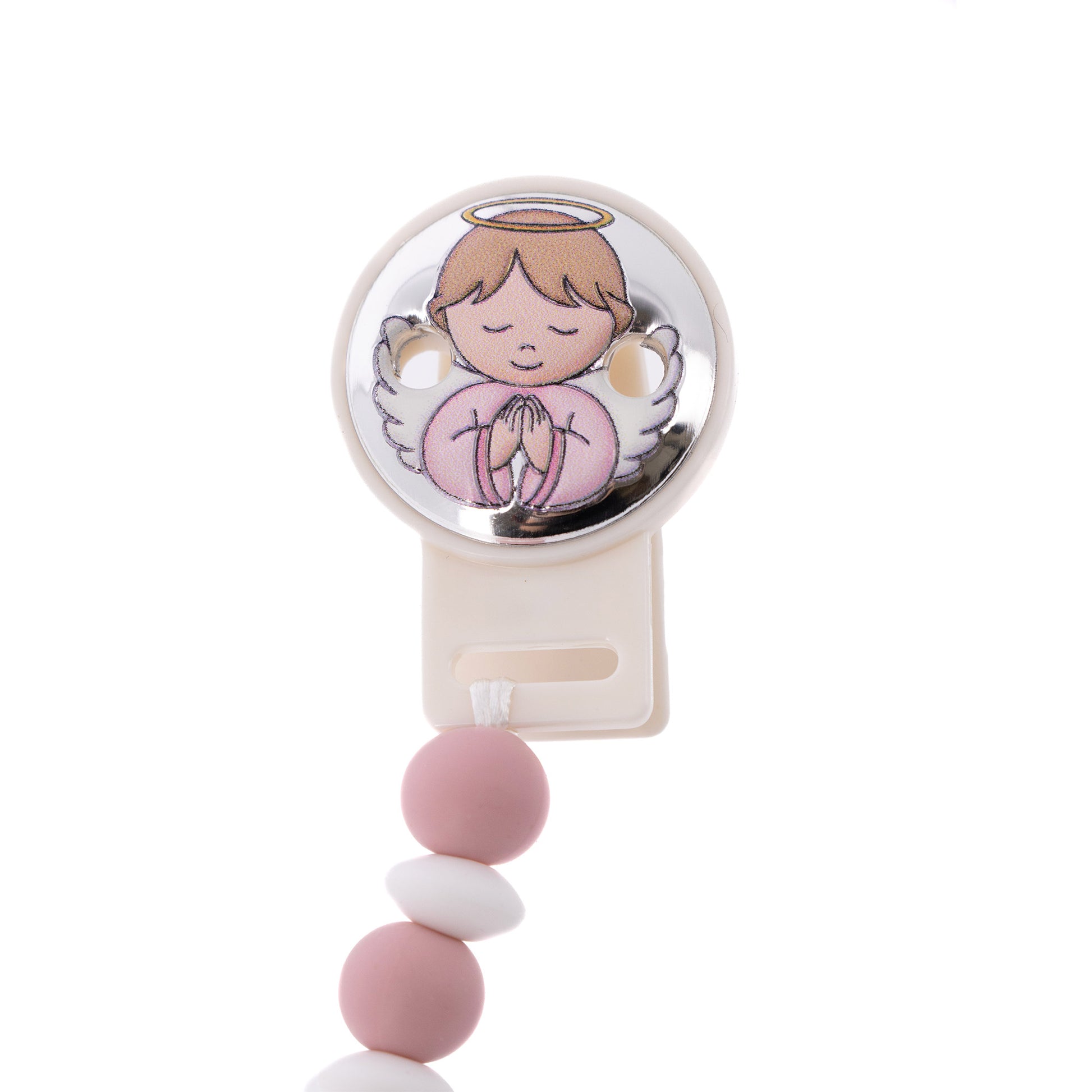 Catenella portaciuccio in silicone alimentare con clip Angelo in argento