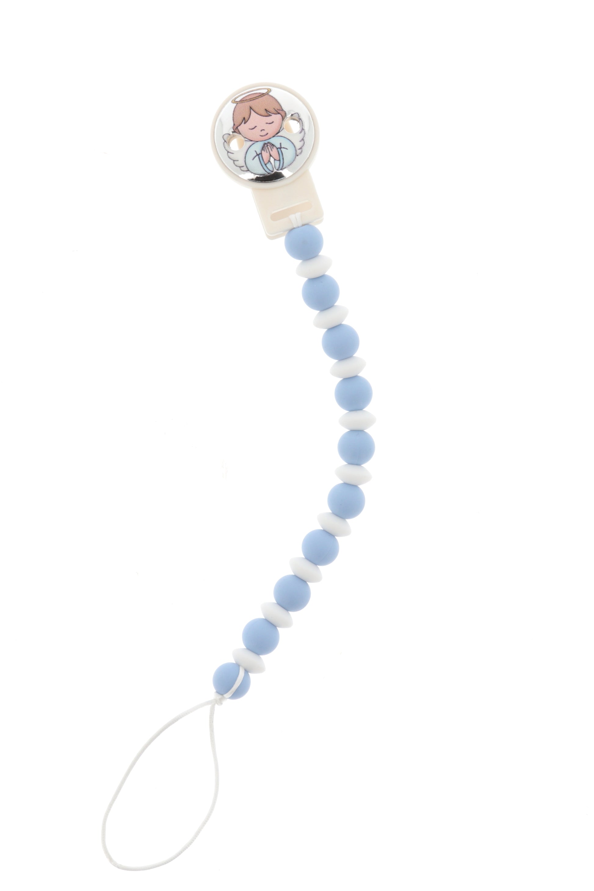 Catenella portaciuccio in silicone alimentare con clip Angelo in argento