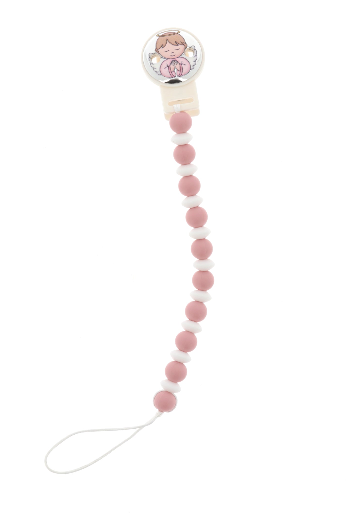 Catenella portaciuccio in silicone alimentare con clip Angelo in argento