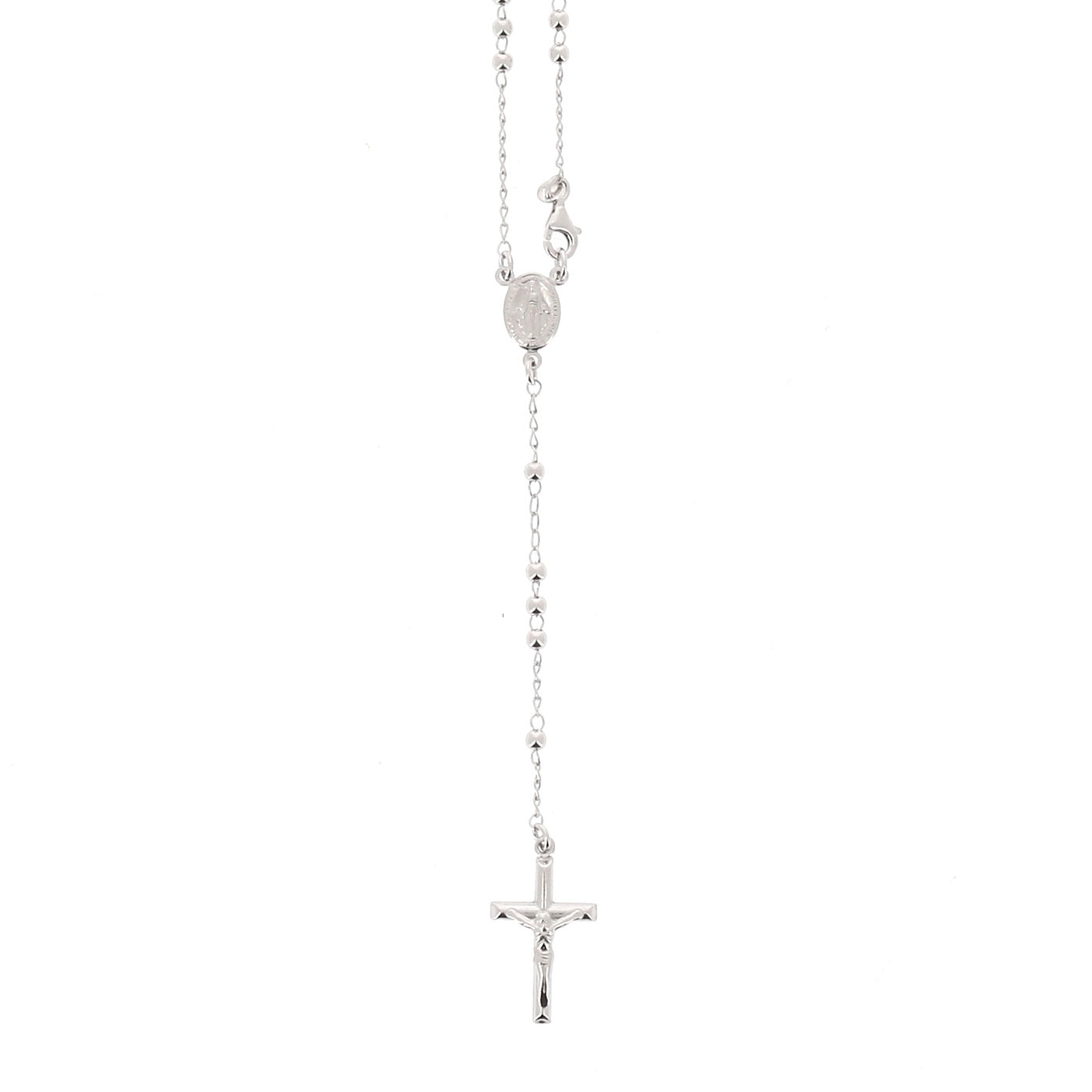 Rosario in argento indossabile con Crocifisso e grani diametro 0,3. Lunghezza 44 cm