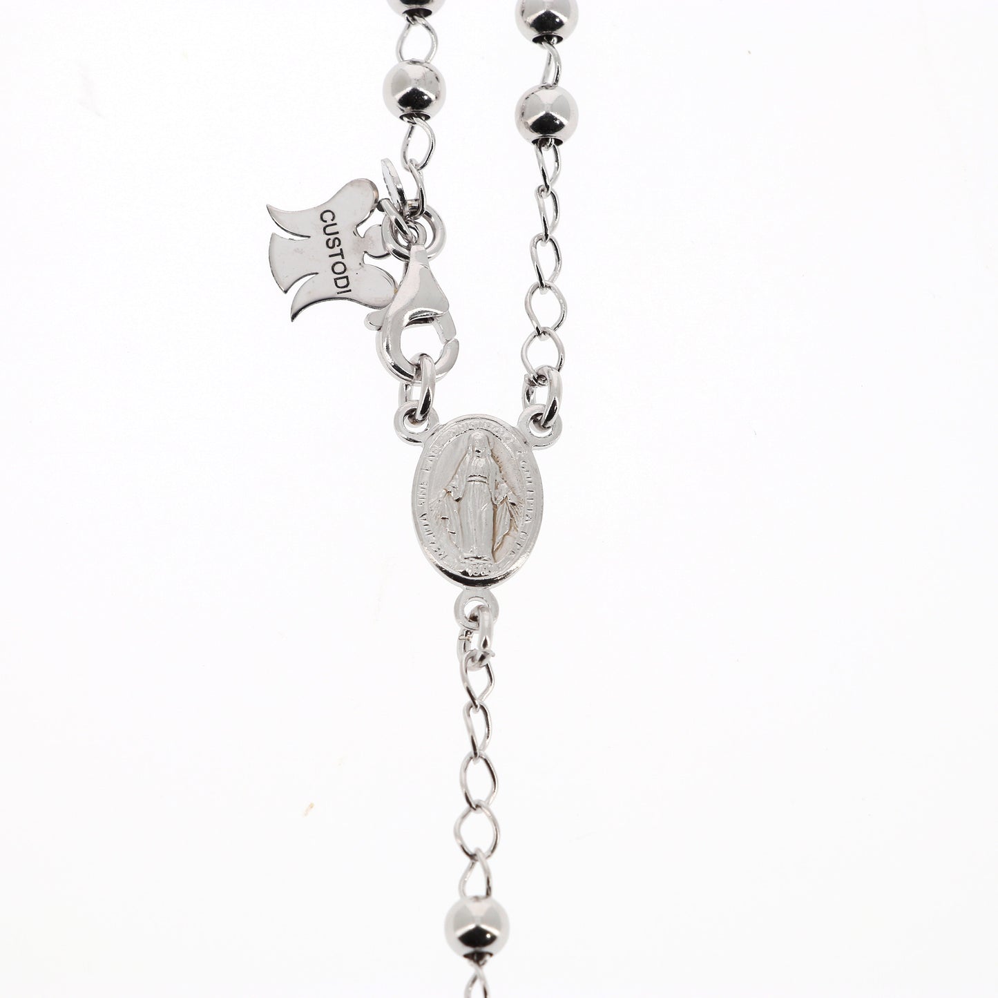 Rosario in argento indossabile con Crocifisso e grani diametro 0,4. Lunghezza 46 cm