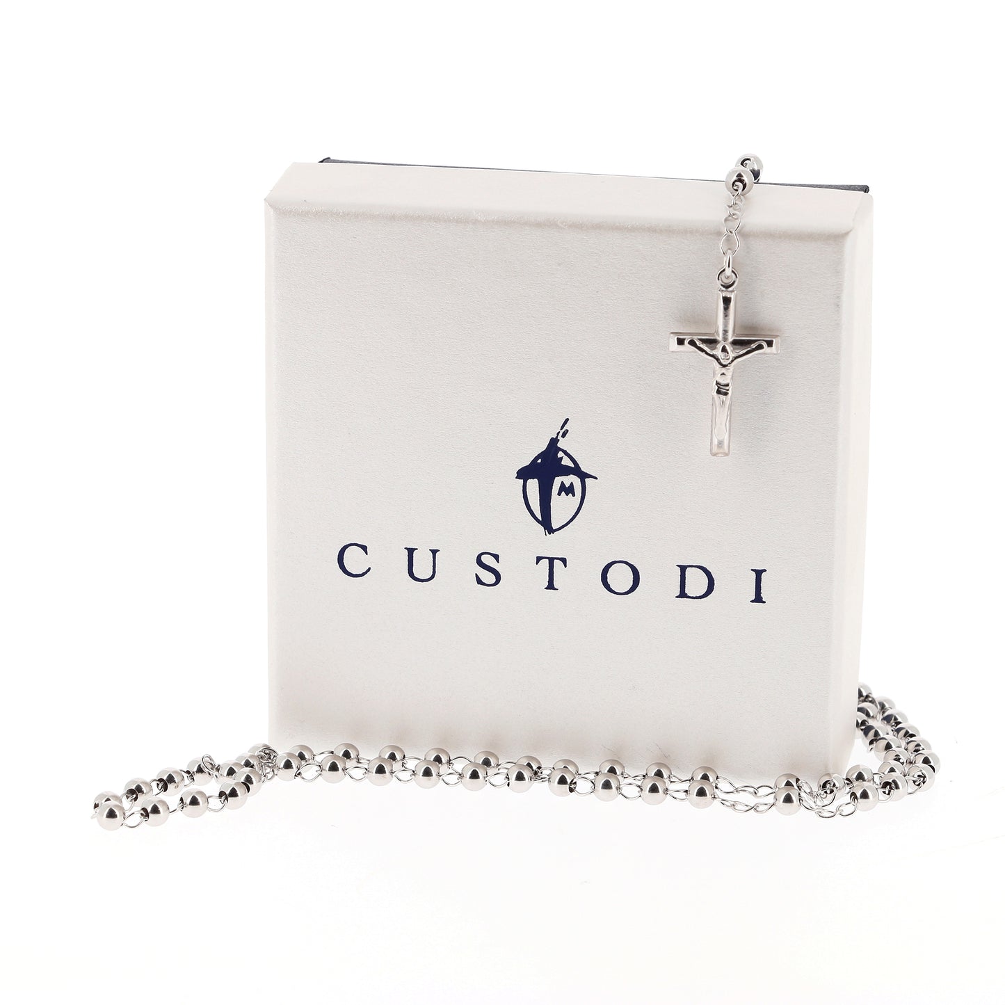 Rosario in argento indossabile con Crocifisso e grani diametro 0,4. Lunghezza 46 cm