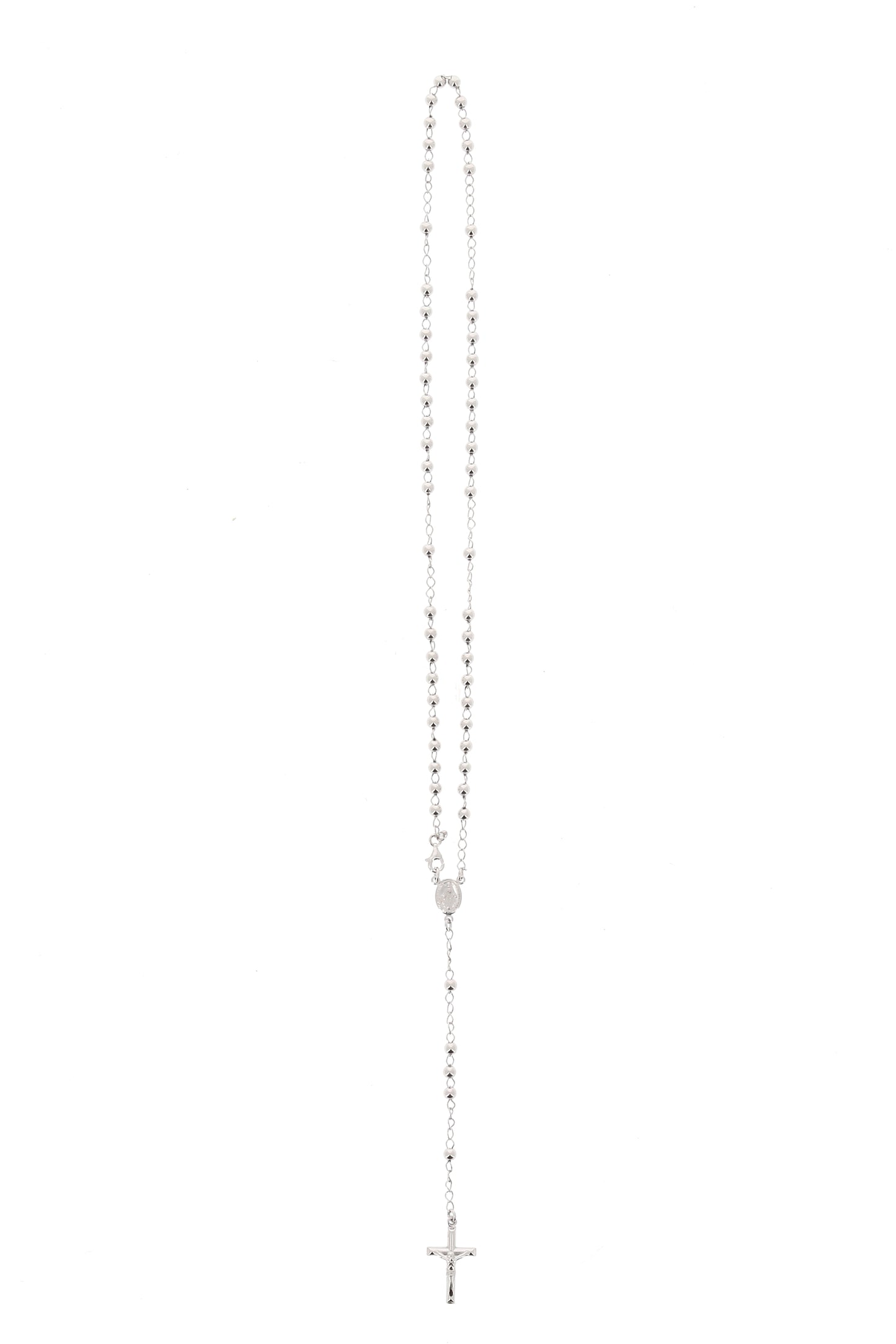 Rosario in argento indossabile con Crocifisso e grani diametro 0,4. Lunghezza 46 cm