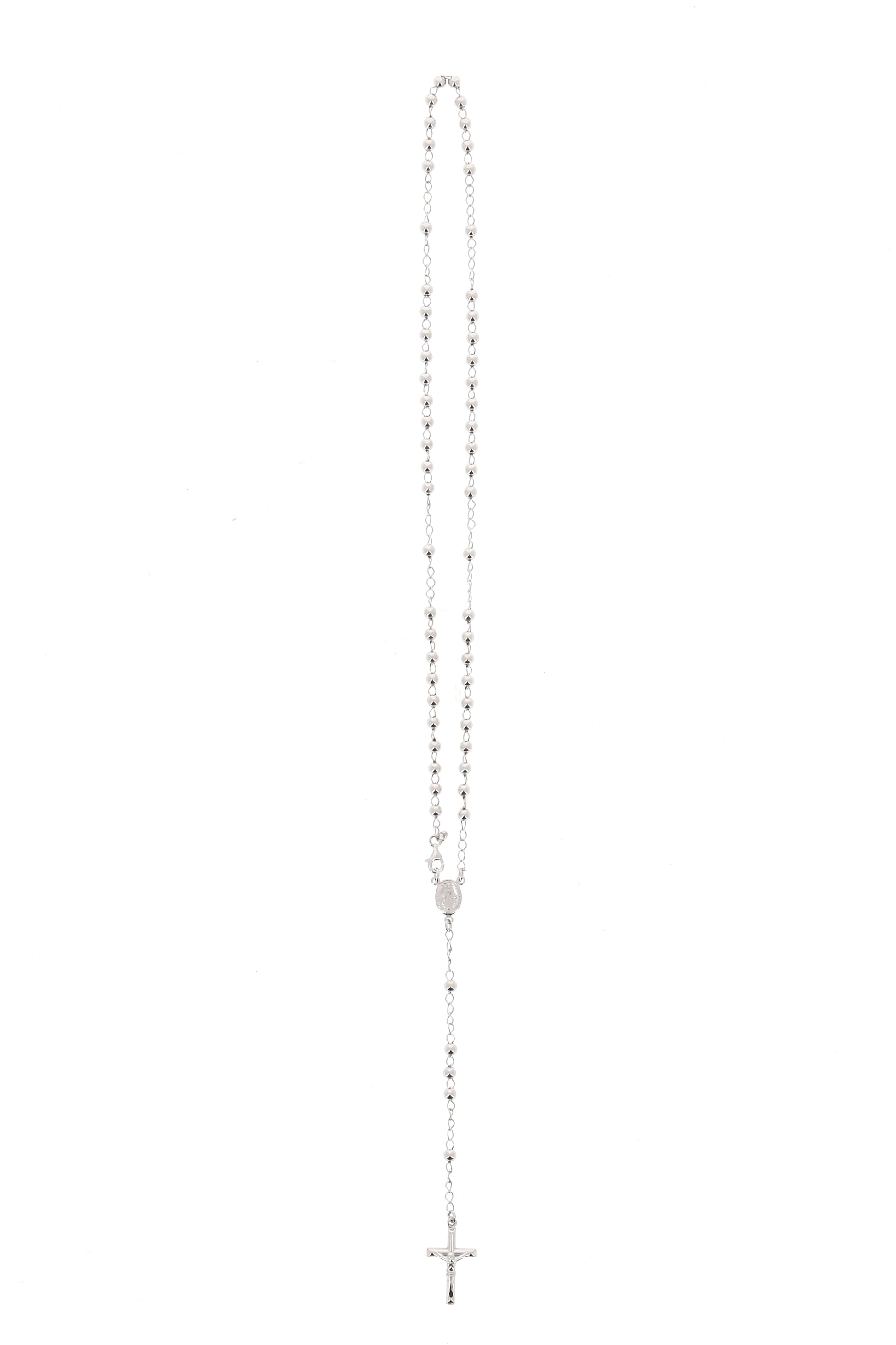 Rosario in argento indossabile con Crocifisso e grani diametro 0,4. Lunghezza 46 cm