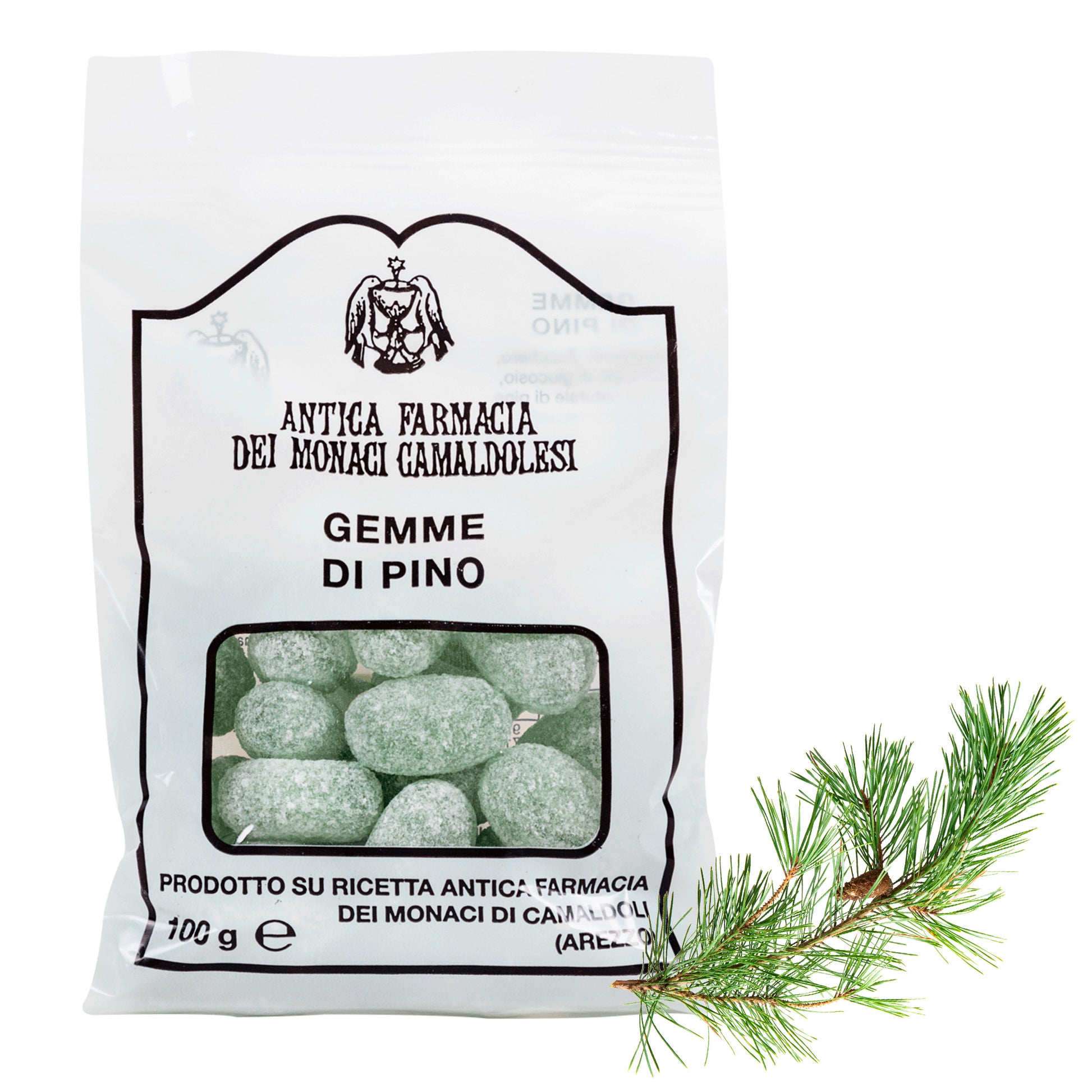 Caramelle ripiene Gocce di Pino, senza zucchero. Confezione da 100 gr