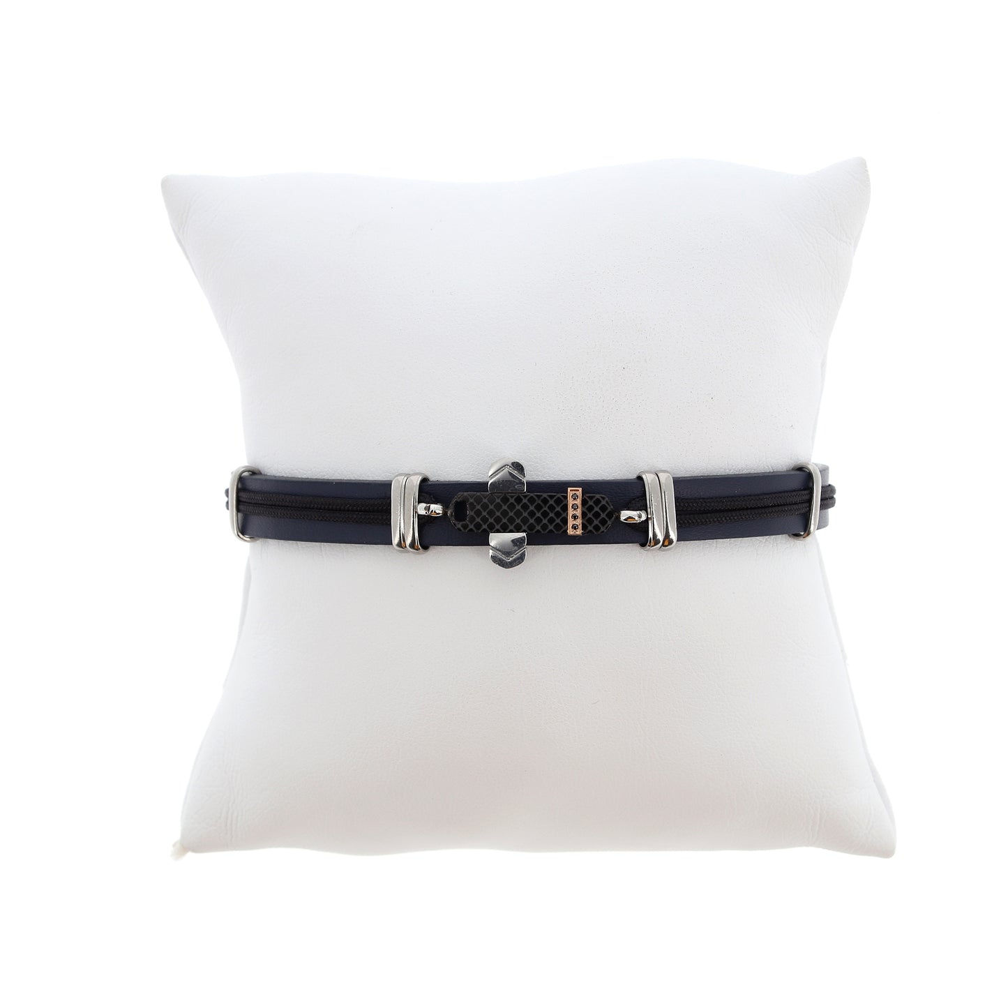 Bracciale uomo in pelle e acciaio con strass neri