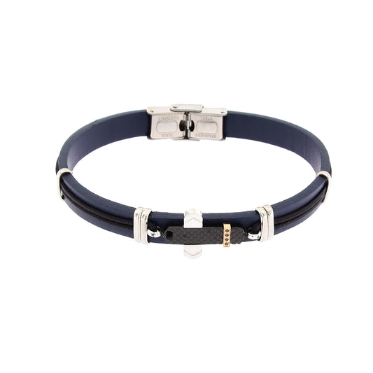 Bracciale uomo in pelle e acciaio con strass neri