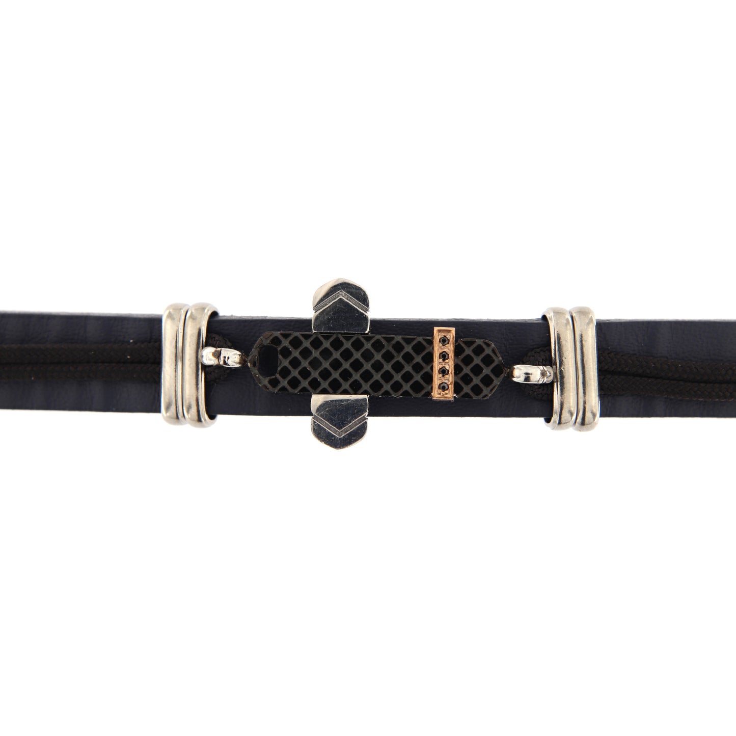 Bracciale uomo in pelle e acciaio con strass neri