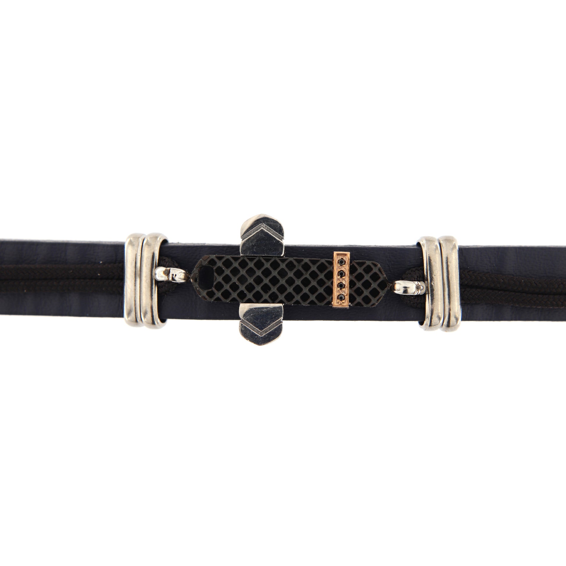 Bracciale uomo in pelle e acciaio con strass neri
