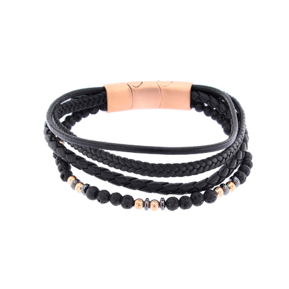 Bracciale uomo in pelle e acciaio rosè