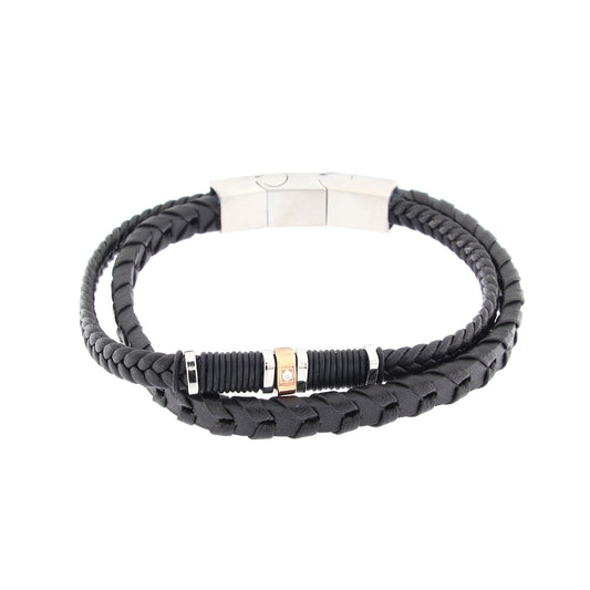 Bracciale uomo in pelle e acciaio con strass