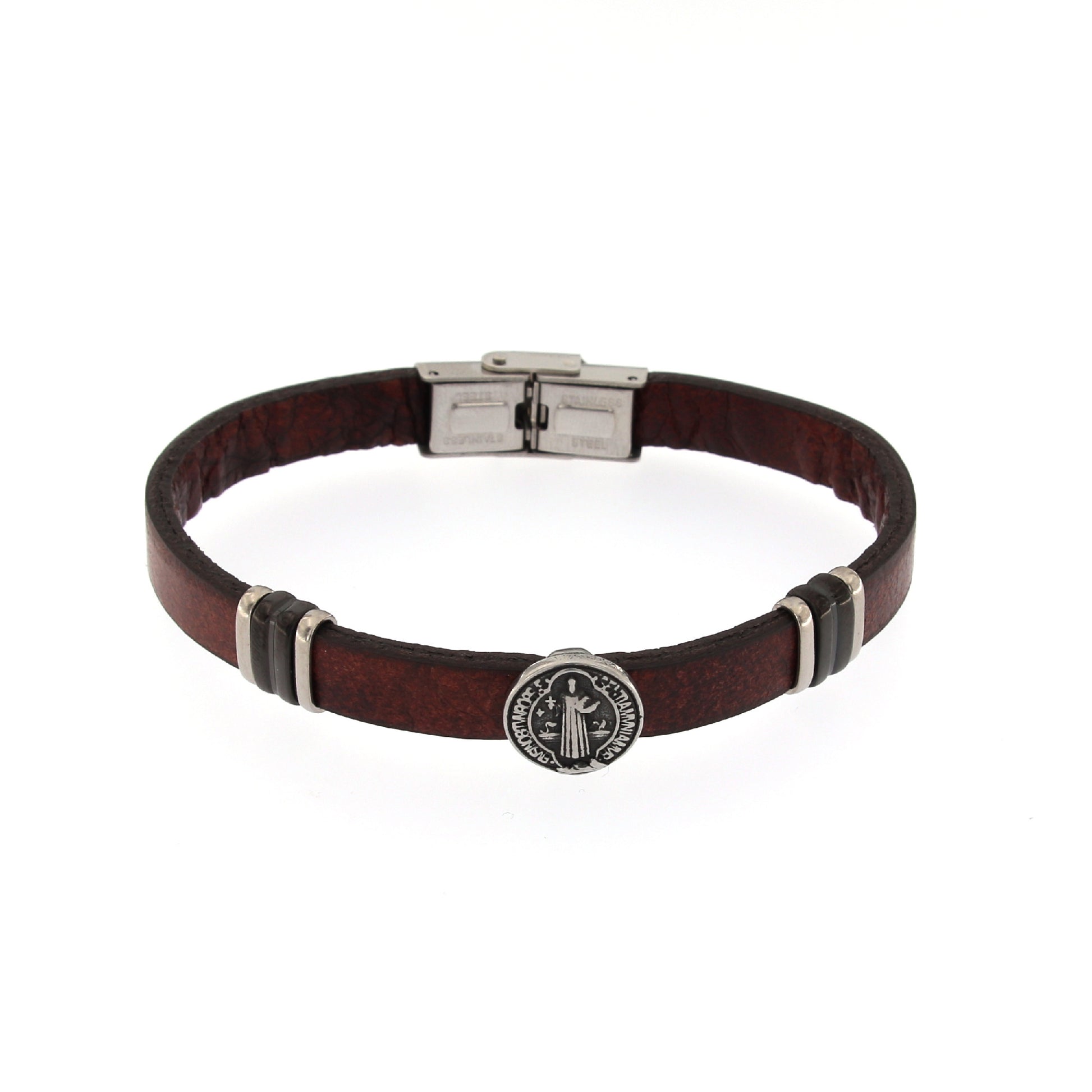Bracciale uomo in pelle marrone e acciaio San Benedetto