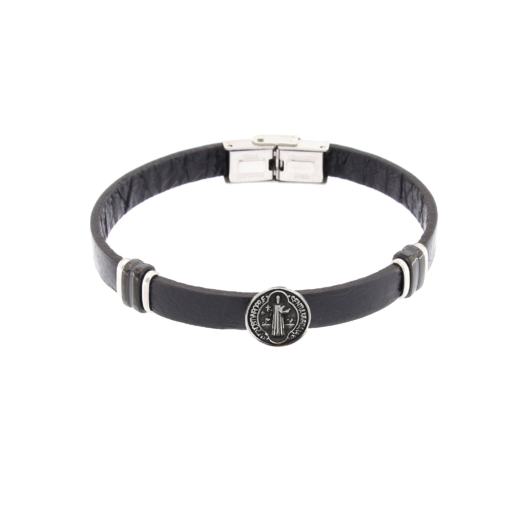 Bracciale uomo in pelle nera e acciaio