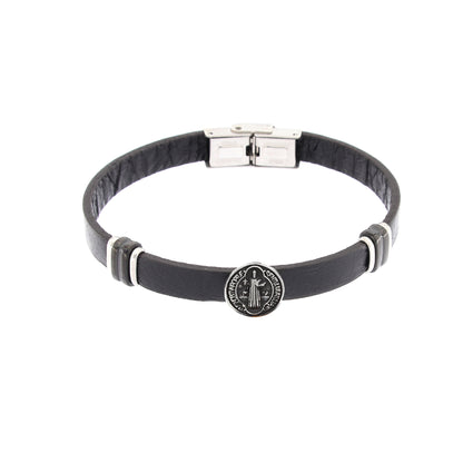 Bracciale uomo in pelle nera e acciaio