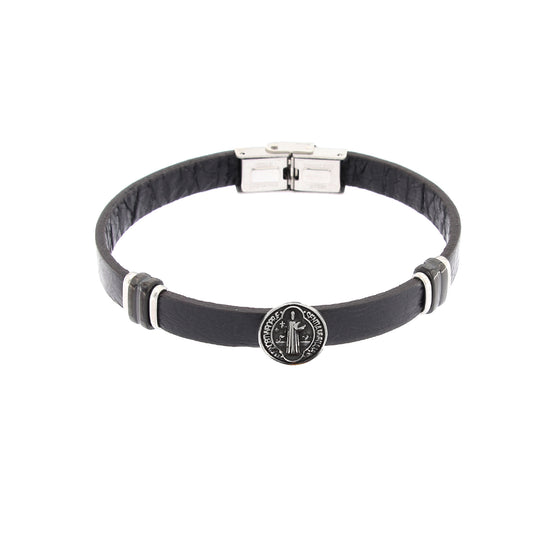 Bracciale uomo in pelle nera e acciaio