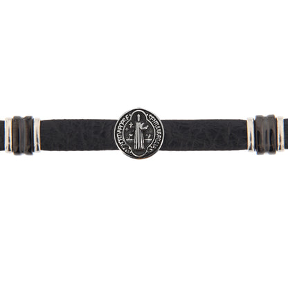 Bracciale uomo in pelle nera e acciaio