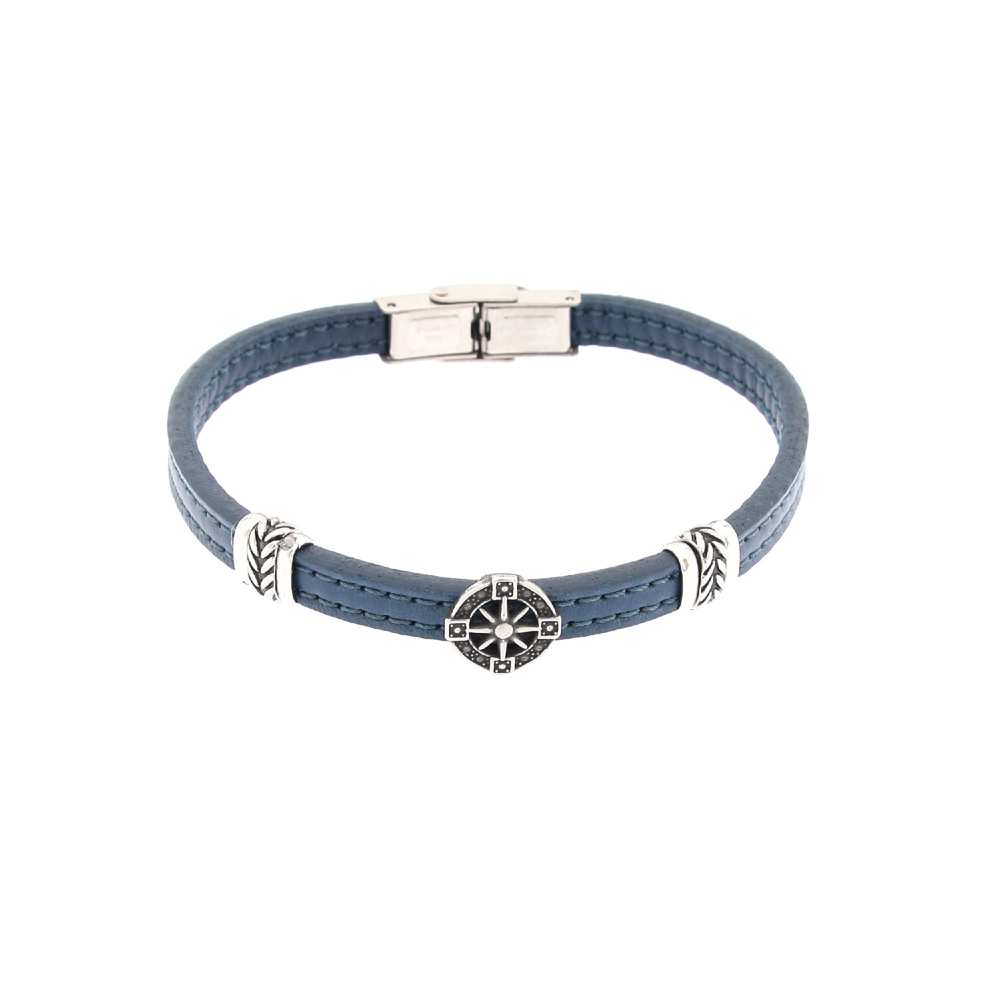 Bracciale uomo in pelle con inserto acciaio Rosa dei Venti