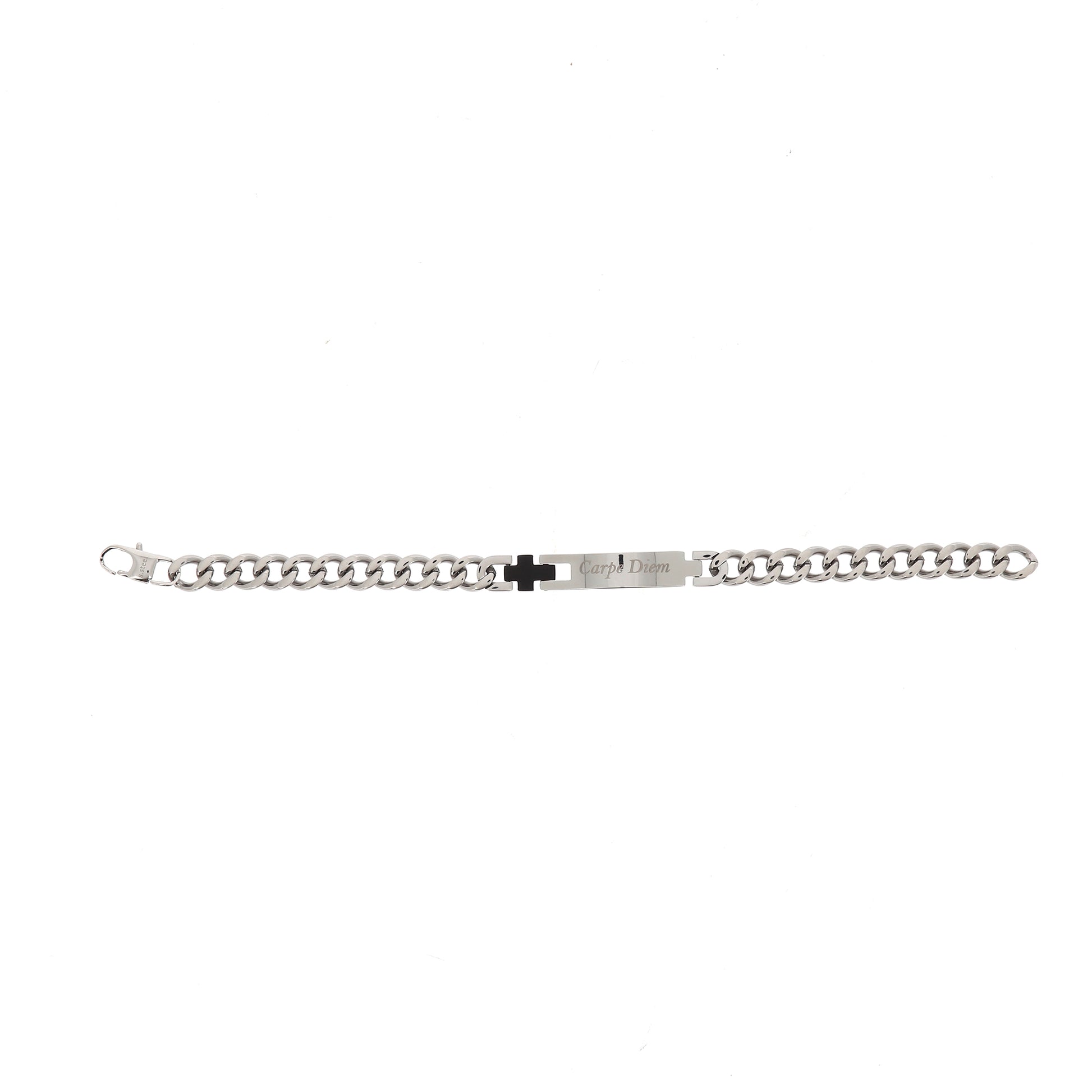 Bracciale uomo in acciaio con placca centrale e incisione "Carpe Diem"