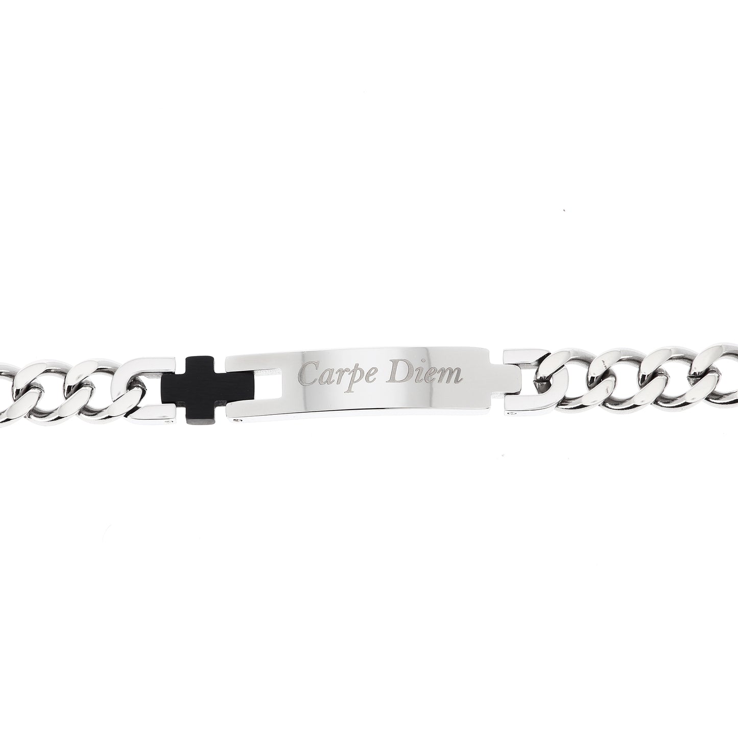 Bracciale uomo in acciaio con placca centrale e incisione "Carpe Diem"