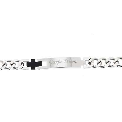 Bracciale uomo in acciaio con placca centrale e incisione "Carpe Diem"