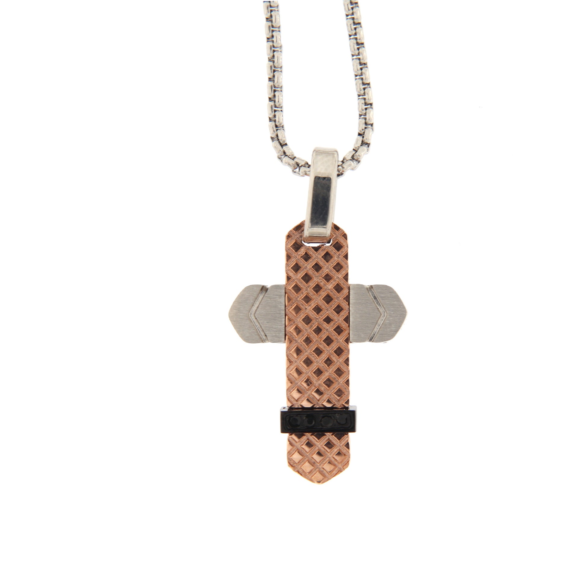 Collana da uomo con pendente Croce in acciaio, colore rosè e strass