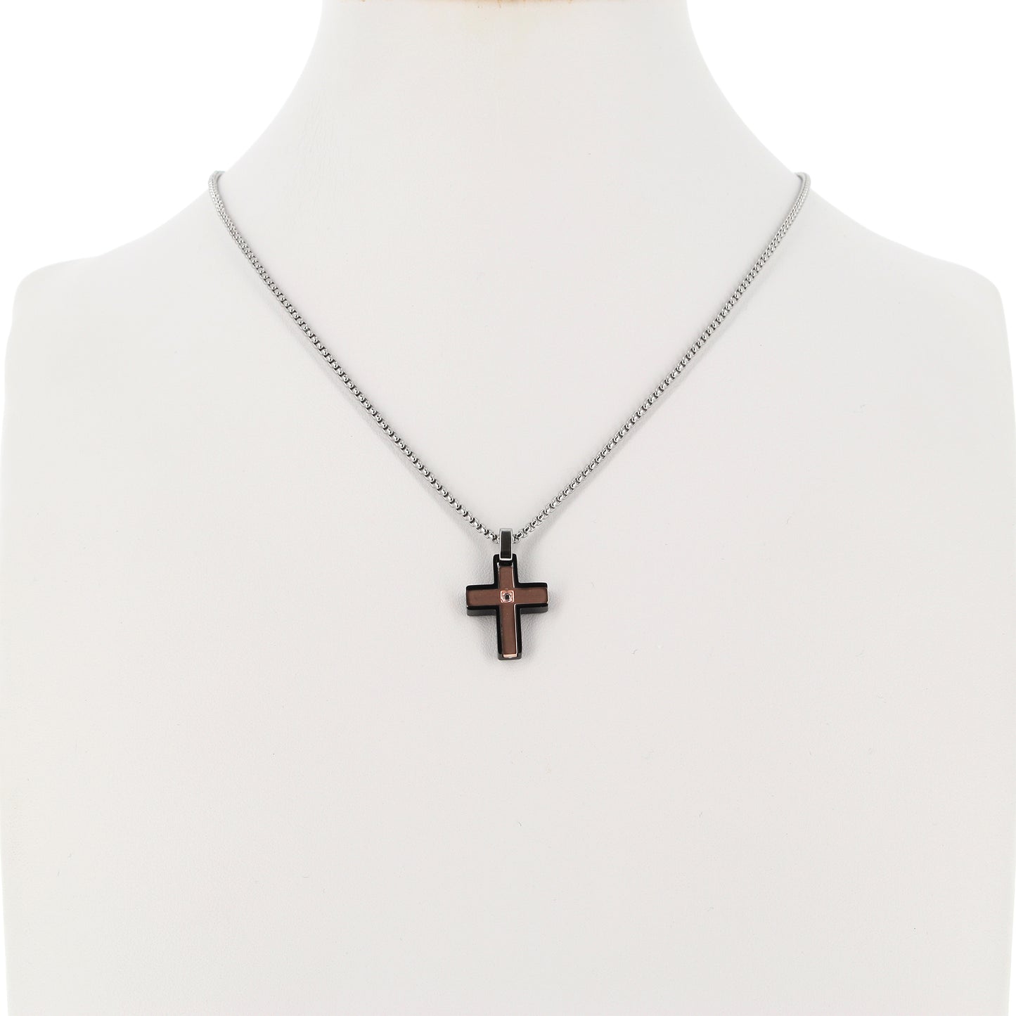 Collana da uomo con pendente Croce bicolore, inserti acciaio rose' e strass nero

